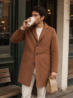 Men's Single-Breasted Caramel Camel Wool Blend Overcoat